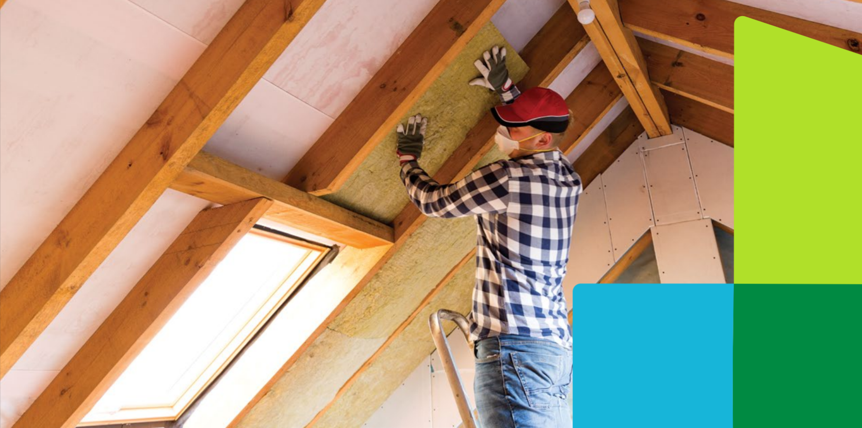 Contractor stands on ladder and installs insulation in a ceiling